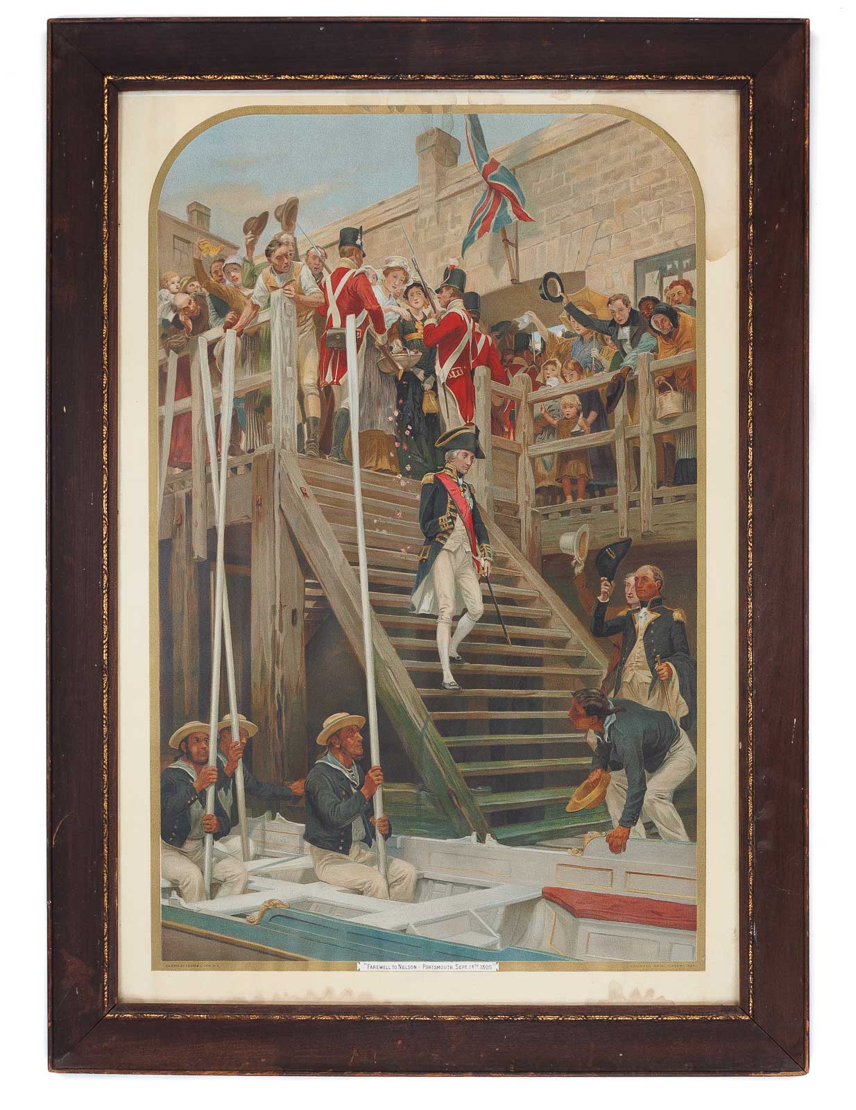 <center> ' FAREWELL TO NELSON - PORTSMOUTH SEPT 14th 1805 ' <br><i> Battle of Trafalgar </i><br> Chromolithograph after Andrew Gow <p> 1905 </center>