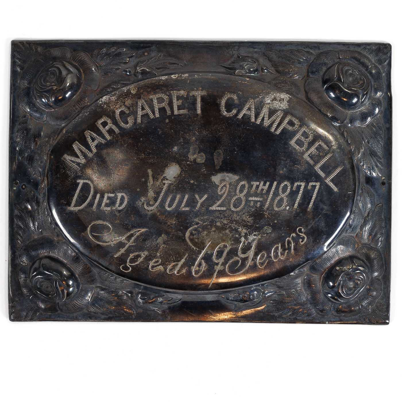 <center> 1877 <p><i> VICTORIAN SILVER </i><br> COFFIN PLAQUE </center>