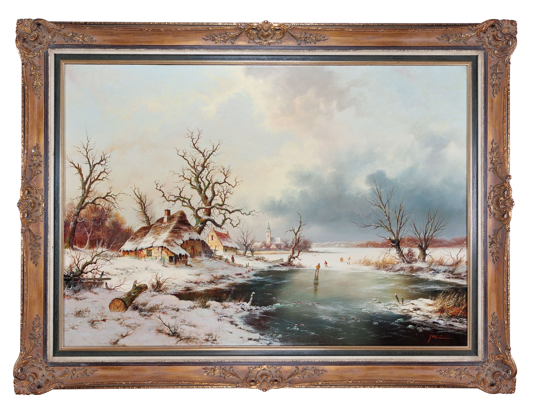 <center> Dutch Winter Scene <br> Large Fine Oil Painting <p></center>