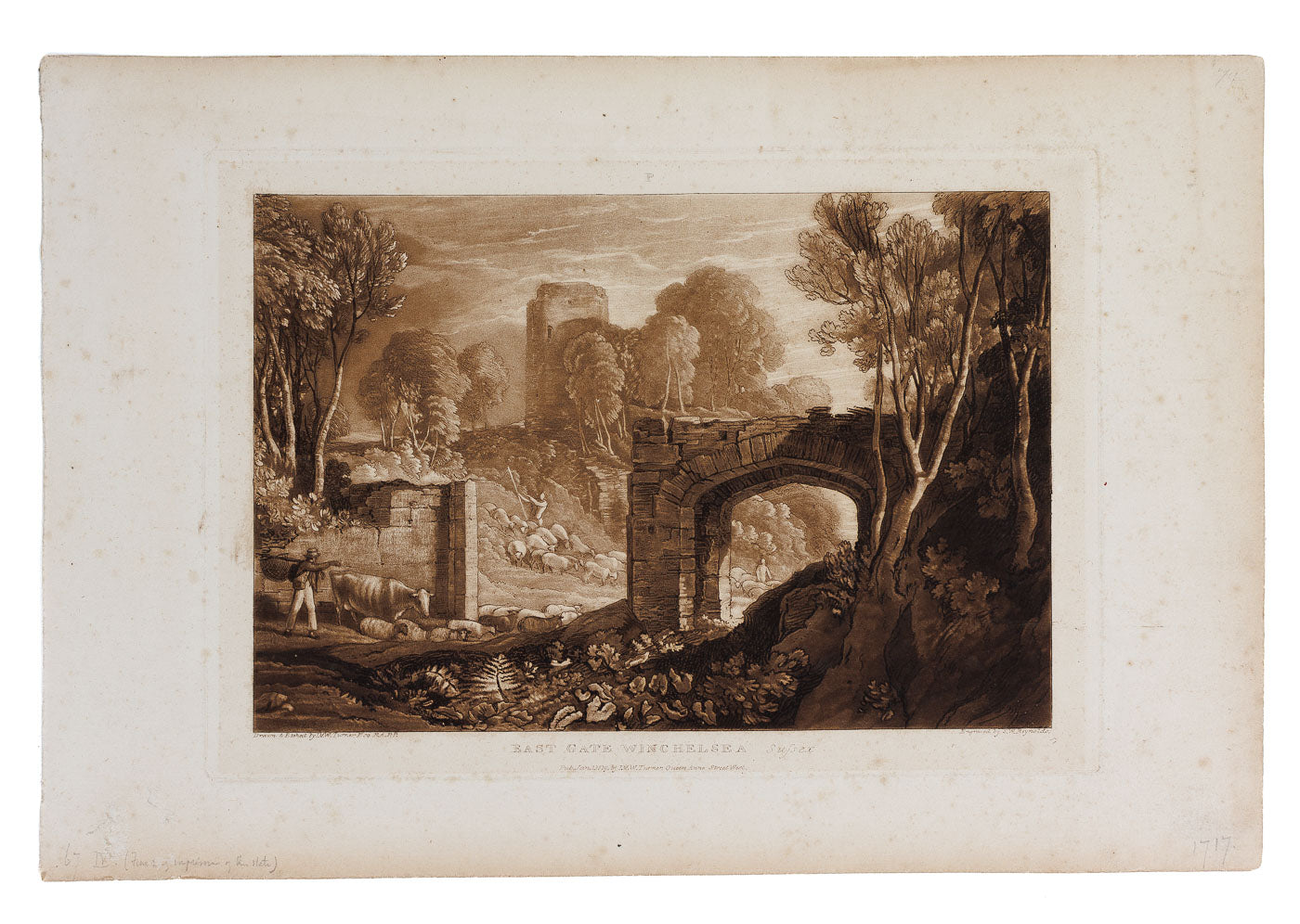 <center>EAST GATE WINCHELSEA Sussex <br><i> S.W. Reynolds Engraving after J.M.W. Turner </i><br> 1819 <p> Liber Studiorum </center>