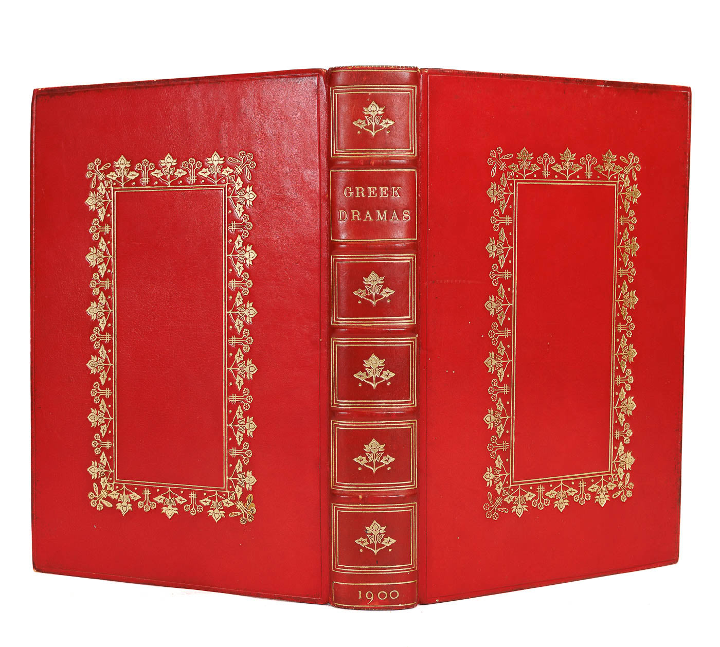 <center> GREEK DRAMAS <br><i> Fine Leather Gilt Binding </i><br> BAYNTUN <br><i> AEschylus Sophocles Euripedes </i><br> Aldine Edition <p> 1900 </center>