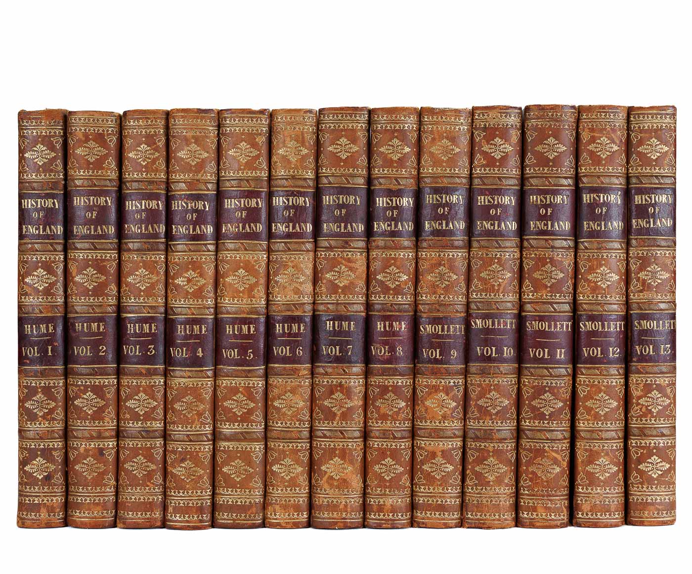 <center> David Hume + Tobias Smollett <br><i> HISTORY OF ENGLAND </i><br> 1825 <p> 13 Leather Bindings SET </center>