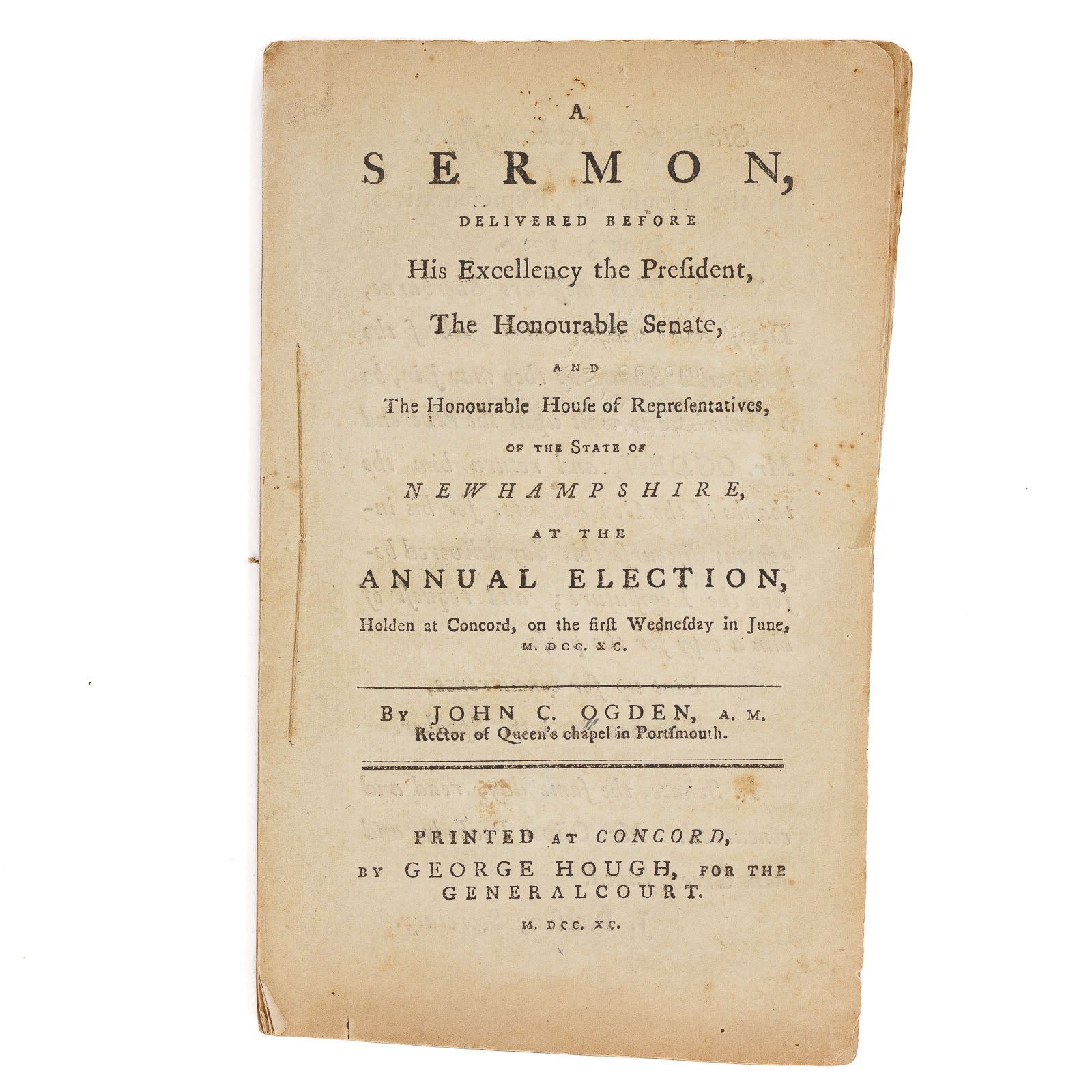 <center> John Ogden <br><i> A SERMON </i><br> Rare Early American Pamphlet <br><i> Slavery + Spanish Inquisition </i><p> 1790 </center>