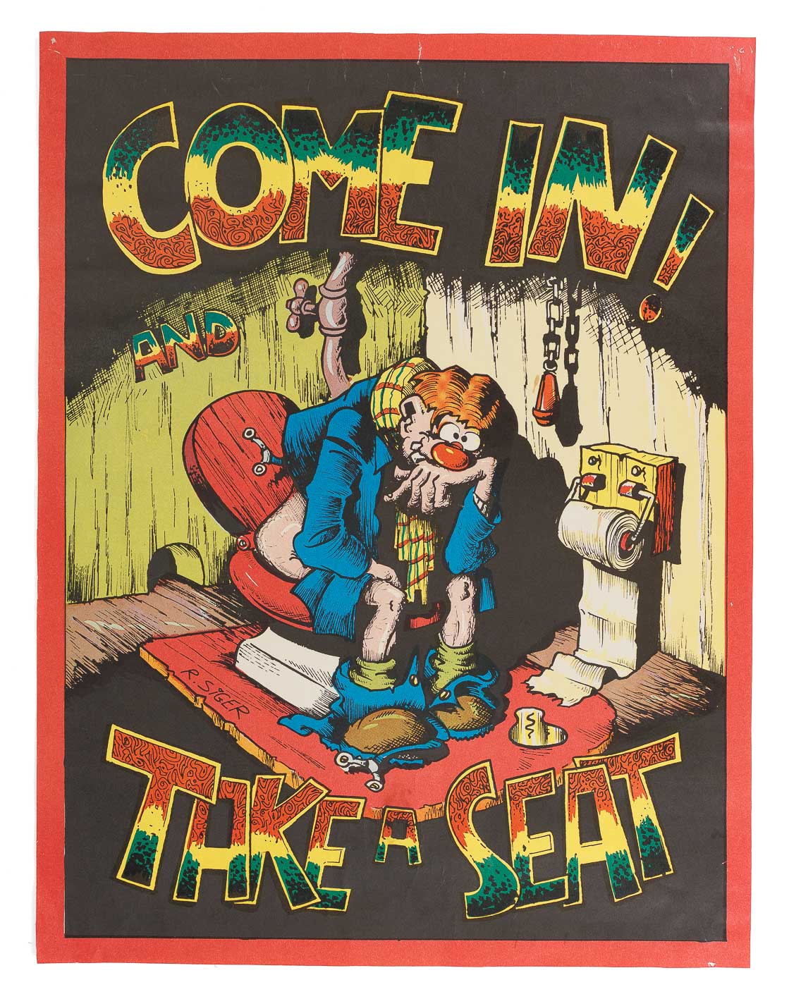 <center> R. Siger <br><i> COME IN! AND TAKE A SEAT </i><br> Comic Parody <br> 1970 <p> Print Poster </center>