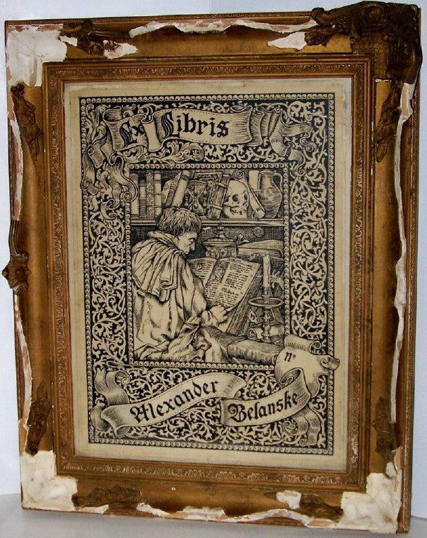 VICTORIAN BOOKPLATE ORIGINAL ART <p><i> Pen , Ink and Gouache </i><br> Rare and Large example with Actual bookplate