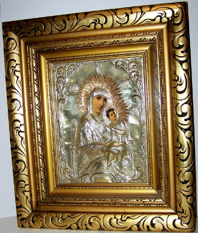 <center> Large SILVER RUSSIAN ICON <p><i> Ornate Carved Wood Frame </i><br> c1880 </center>